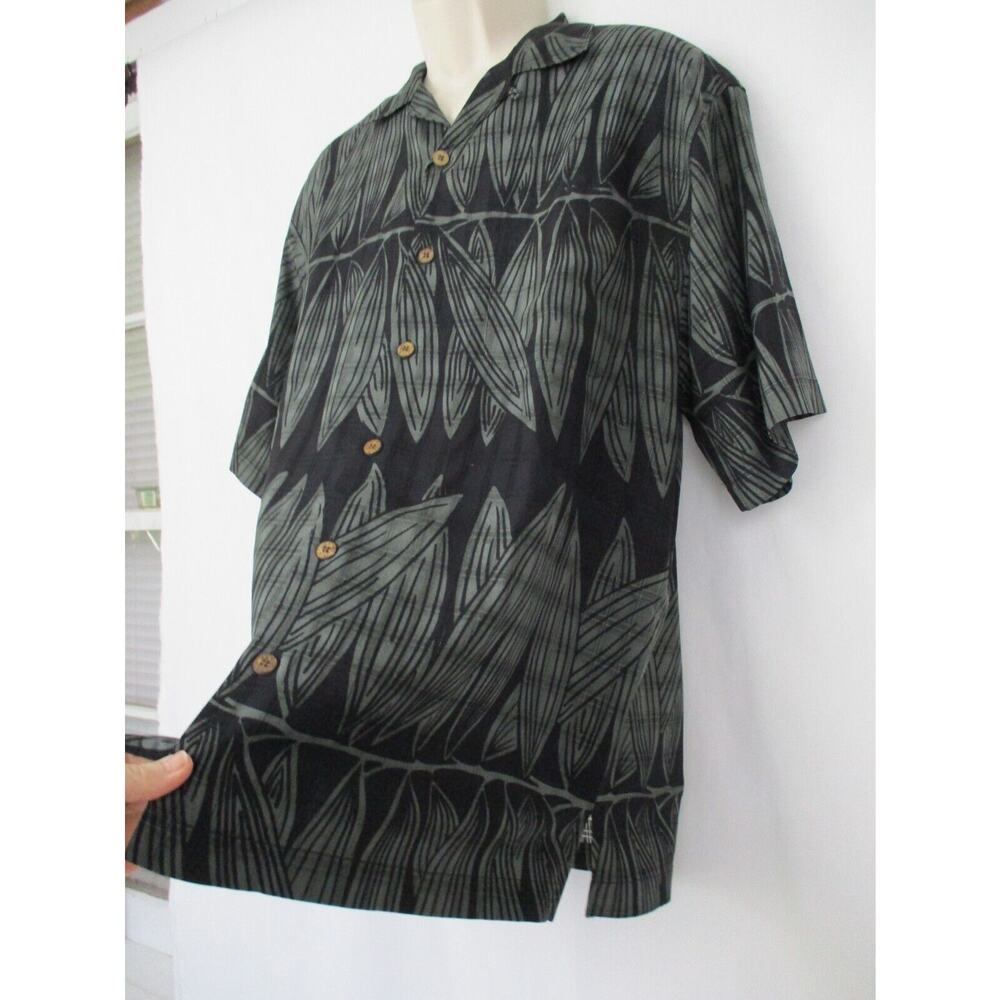 Tommy Bahama Mens Medium Silk Shirt Leaf Print Black Green Camp Hawaiian Pocket - Picture 4 of 14